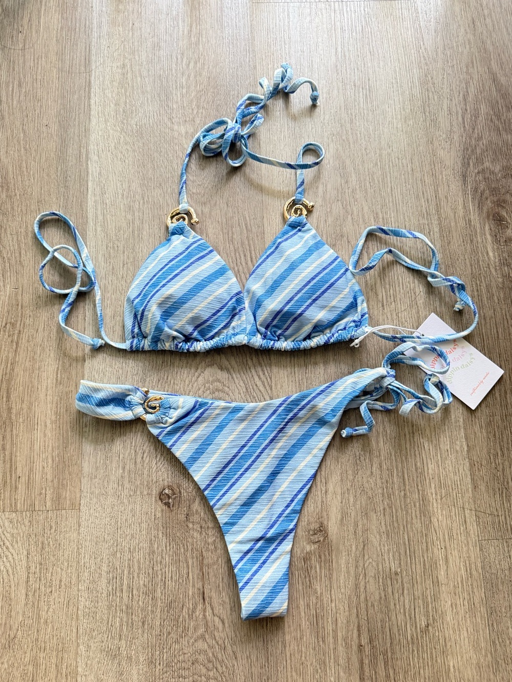 dippin daisys blue & white stripe sun club top + gordi thong bikini bottoms set